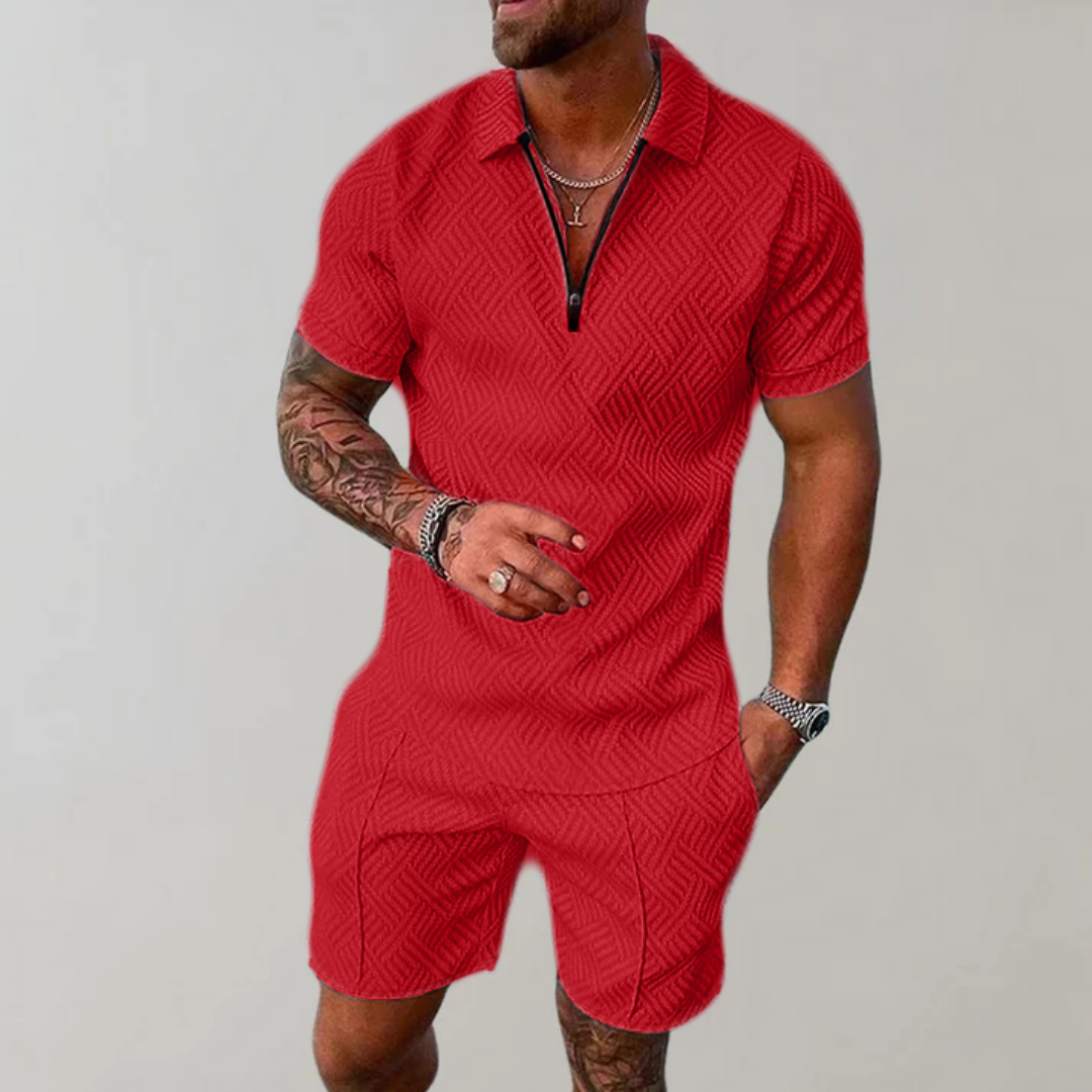 Polo Short Set | Men's Zip Neck Textured